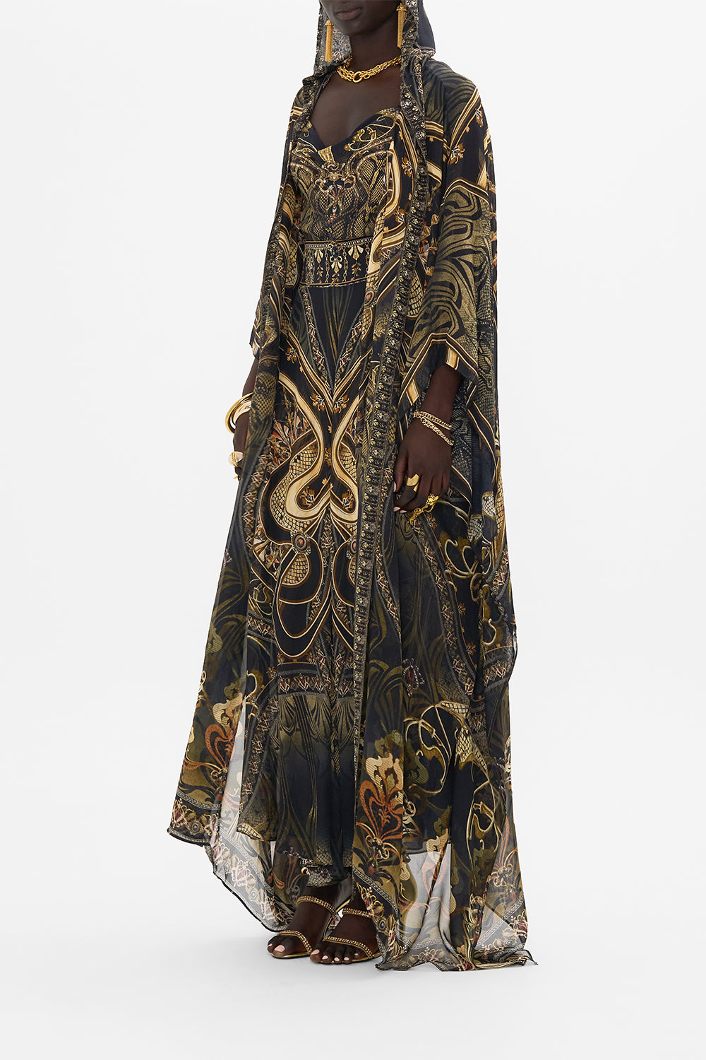 CAMILLA silk robe in Nouveau Noir print