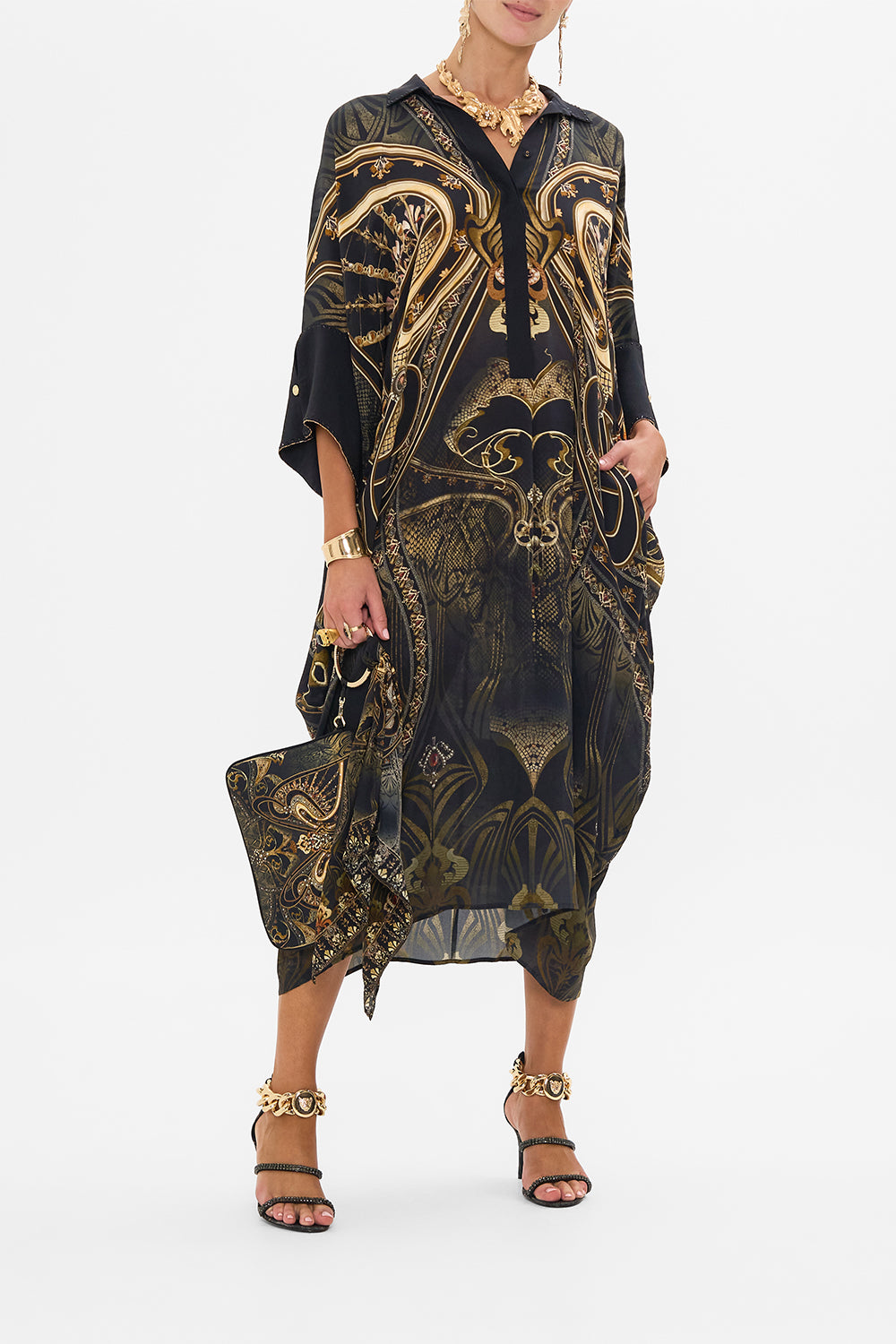 CAMILLA batwing kaftan in Nouveau Noir print