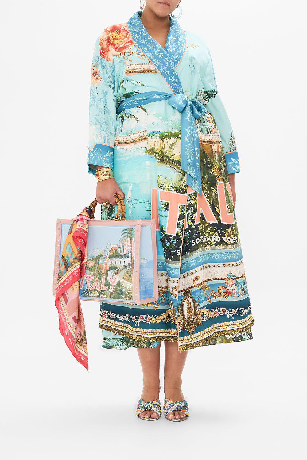 Front view of curvy model wearing CAMILLA plus size silk robe in From Sorrento With Love print