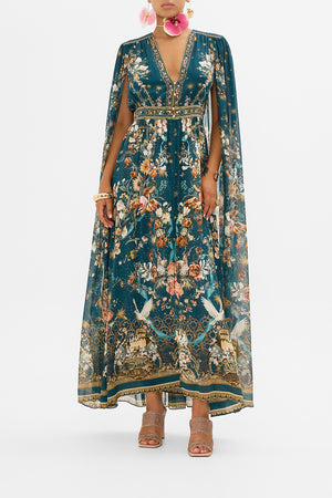CAMILLA dress with cape in She Who Wears The Crown print