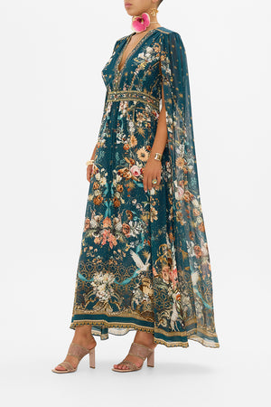 CAMILLA dress with cape in She Who Wears The Crown print