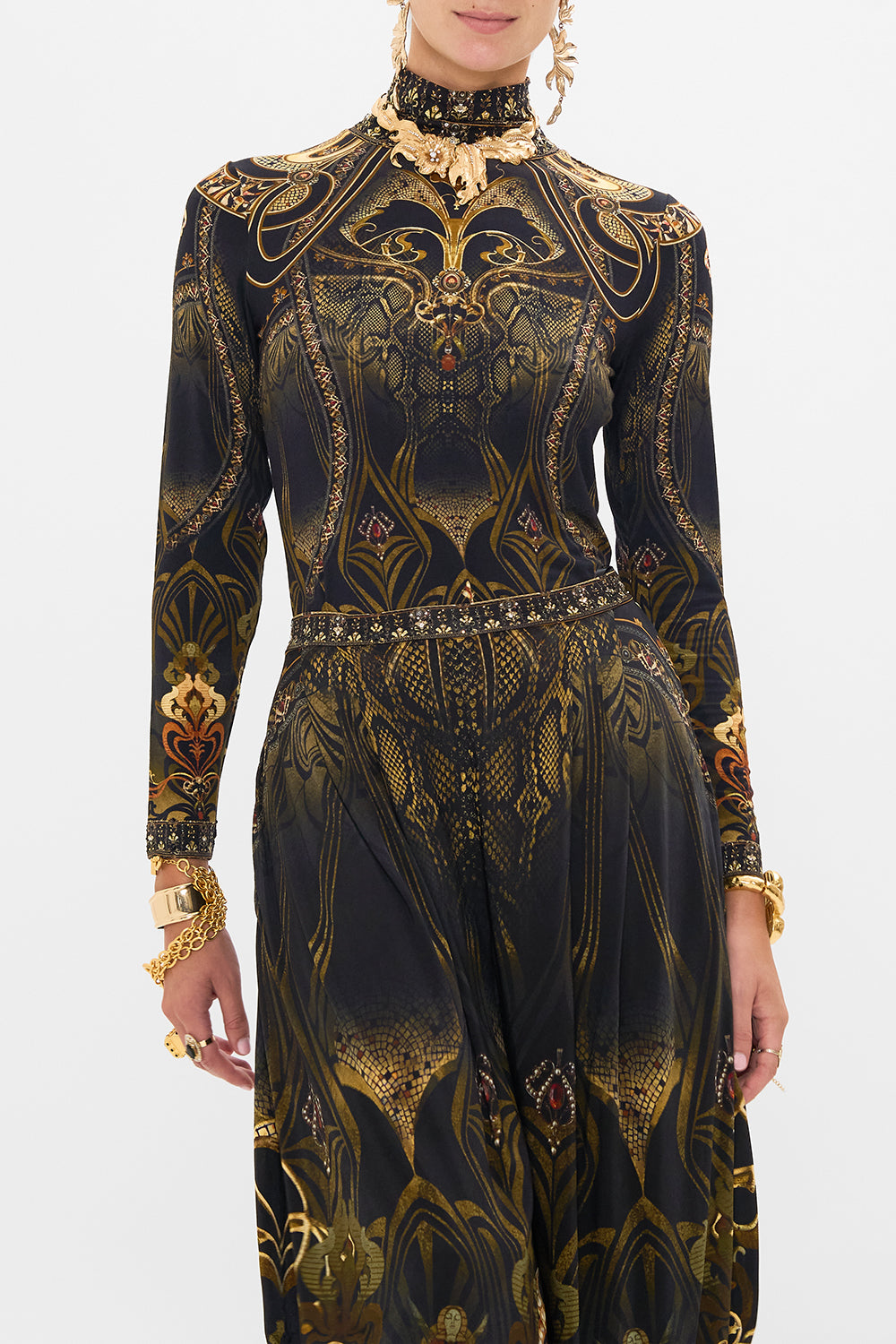 CAMILLA jersey turtleneck in Nouveau Noir print