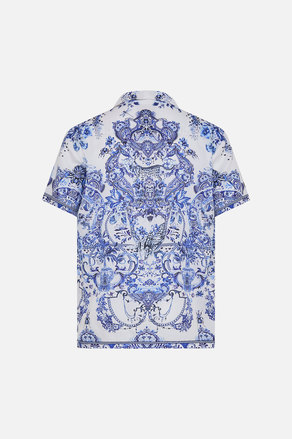 Back of  Hotel Franks By CAMILLA mens blue and white shirt in Glaze and Graze print