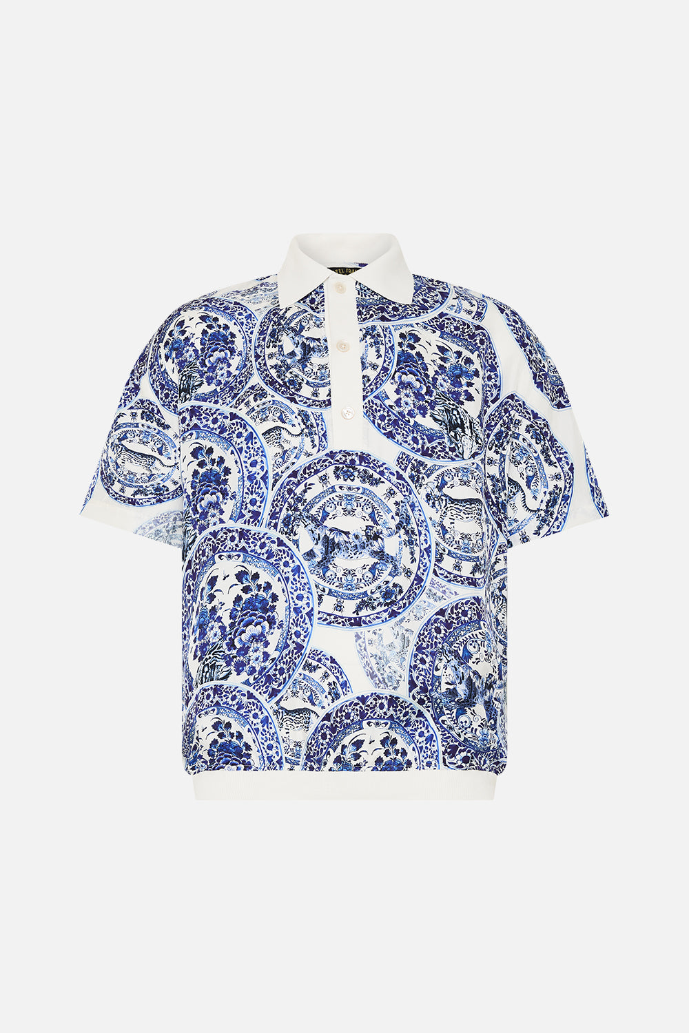 Front product view of Hotel Franks By CAMILLA mens polo shirt in Glaze and Graze print
