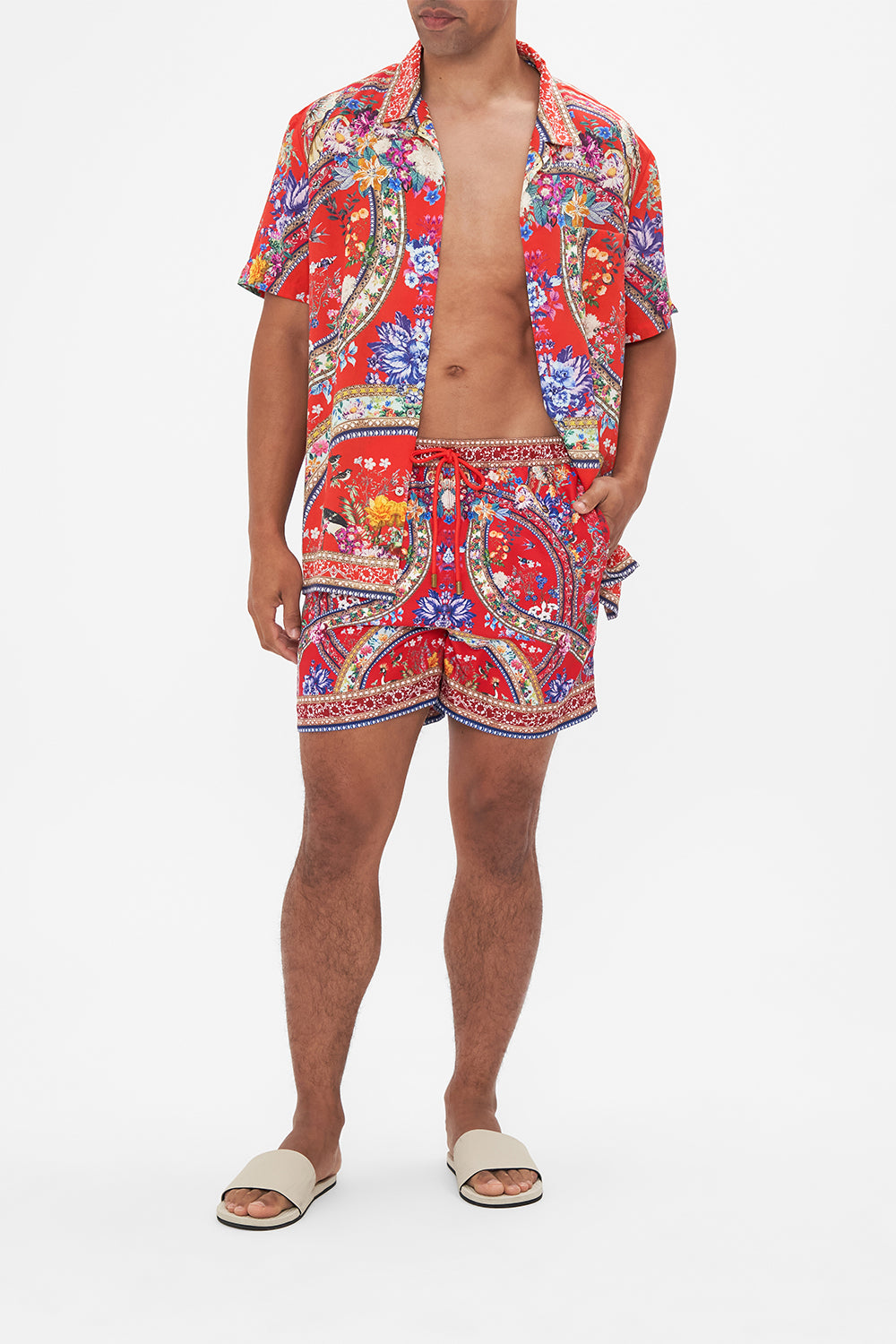 Hotel Franks by CAMILLA mens red floral print boardshorts in The Summer Palace print