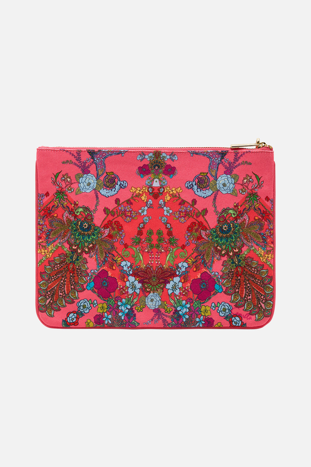 CAMILLA pink small canvas clutch in Windmills and Wildflowers