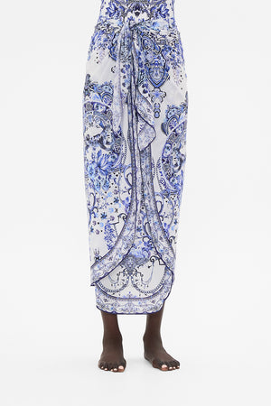 Crop view of model wearing CAMILLA resort wear sarong in Glaze and Graze print