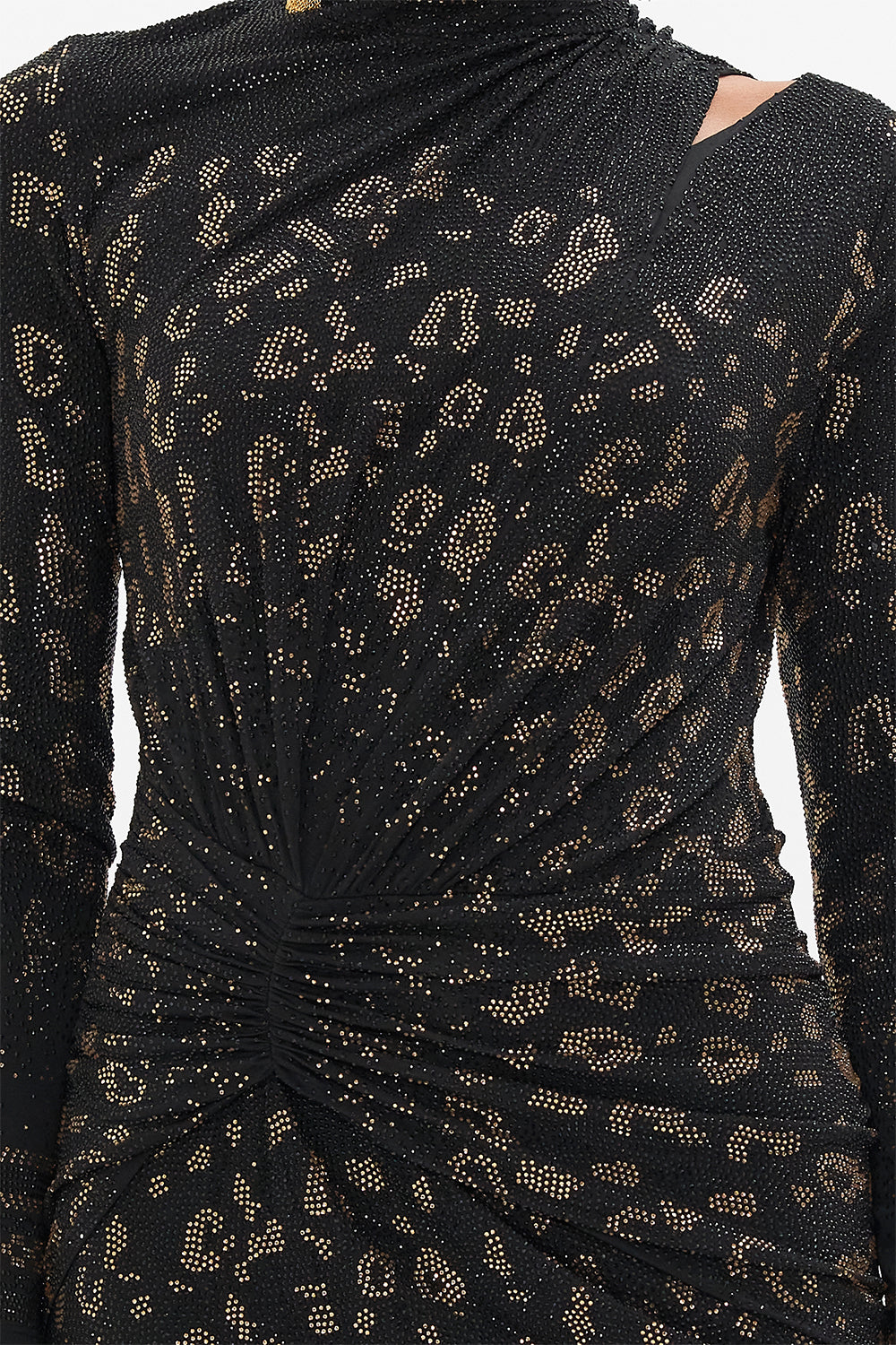 Detail view of model wearing CAMILLA black silk bias slip dress in Mosaic Muse 