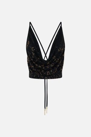 Product view of CAMILLA black halter top in Mosaic Muse