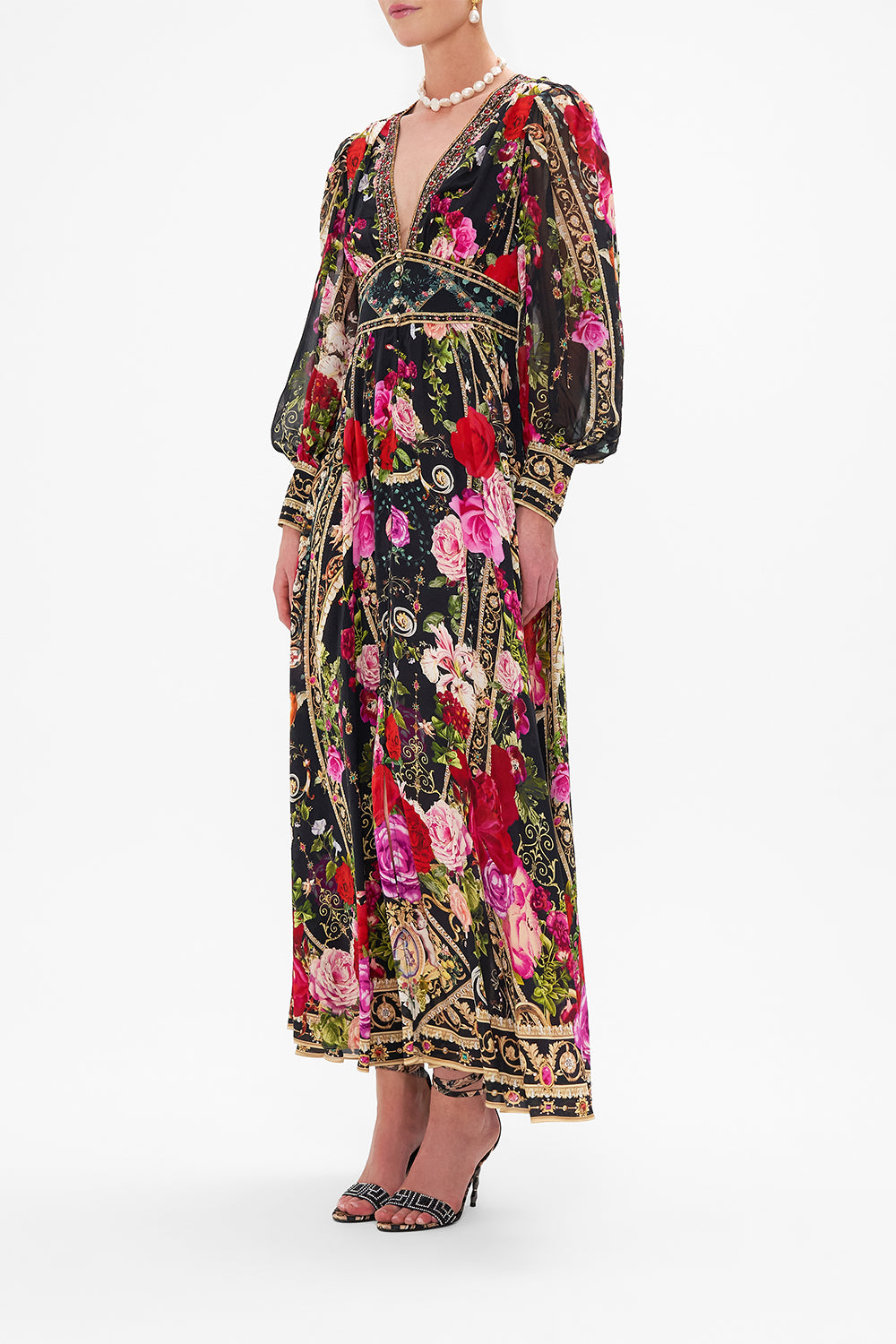 Side view of model wearing CAMILLA floral dress in Reservation For Love print 