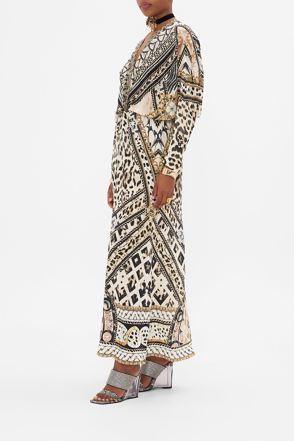 Side view of model wearing CAMILLA silk batwing dress in Mosiac Muse print