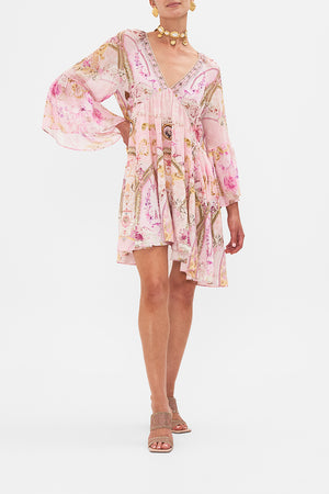 Front view of model wearing CAMILLA pink silk dress in Fresco Fairytale print 