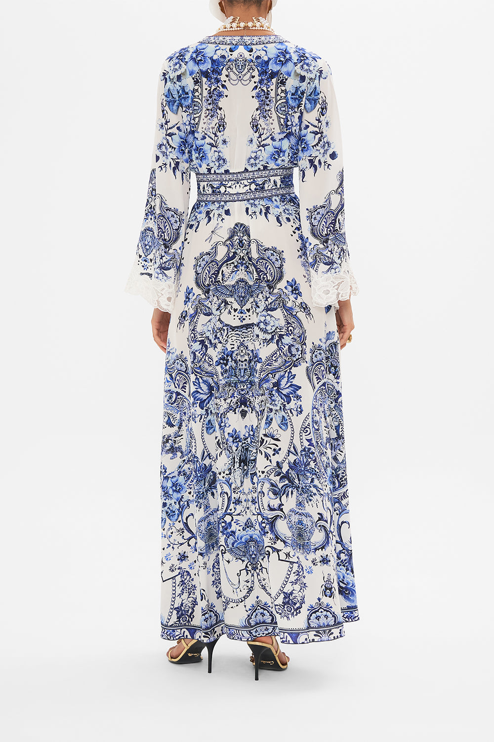 Back view of model wearing CAMILLA silk maxi dress in Glaze and Graze print