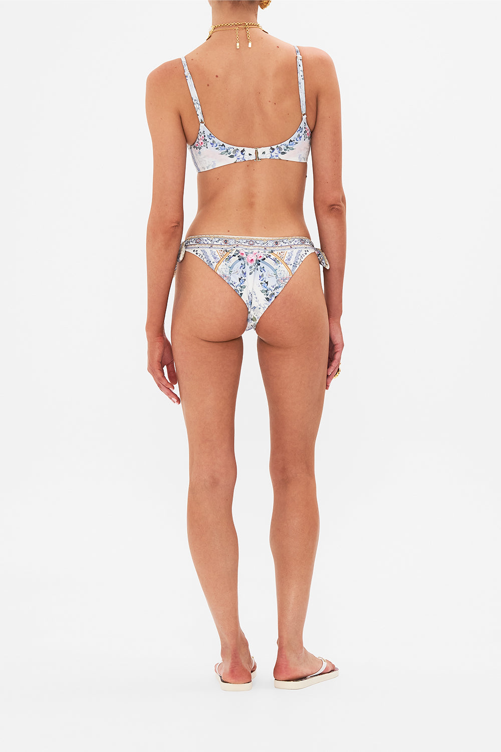 Back view of model wearing CAMILLA lingerie bra in Season Of The Siren print