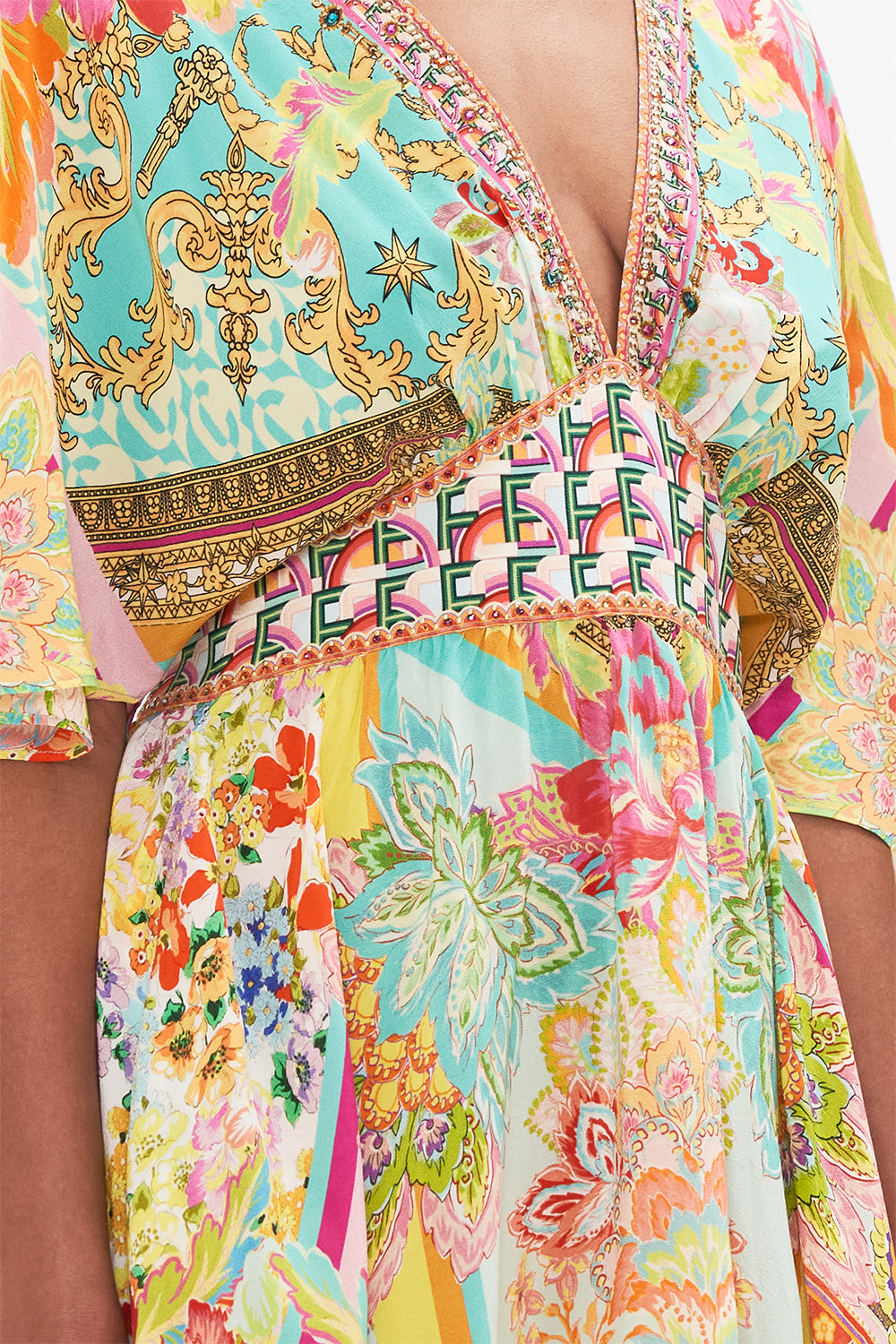 Detail view of model wearing CAMILLA silk mini dress in An Italian Welcome print 