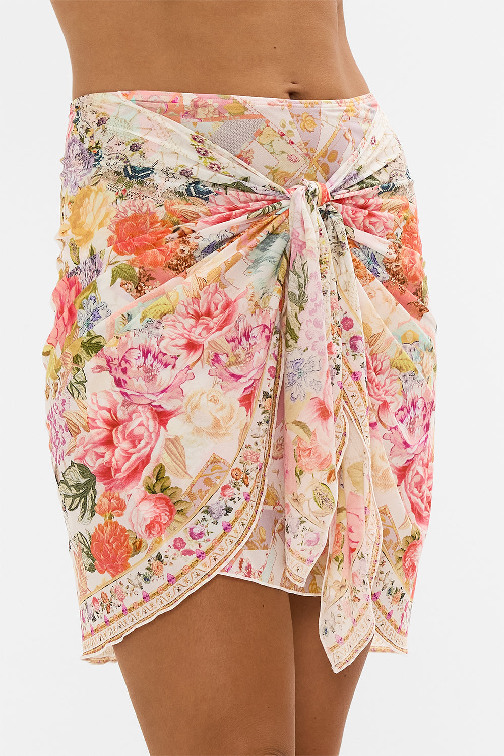 CAMILLA floral layered short sarong with tie front in Sew Yesterday