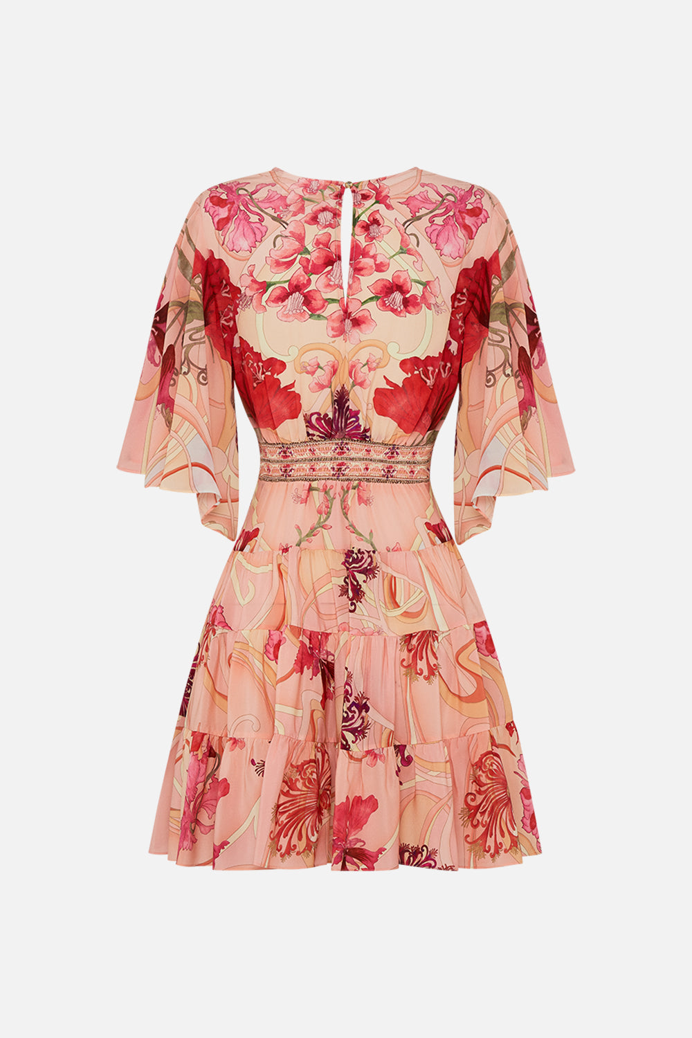 CAMILLA Floral Tiered Skirt Mini Dress in Blossoms and Brushstrokes