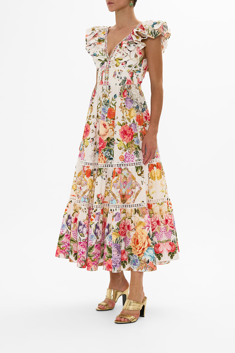 CAMILLA Floral Tiered Dress with Neck Frill in Sew Yesterday print