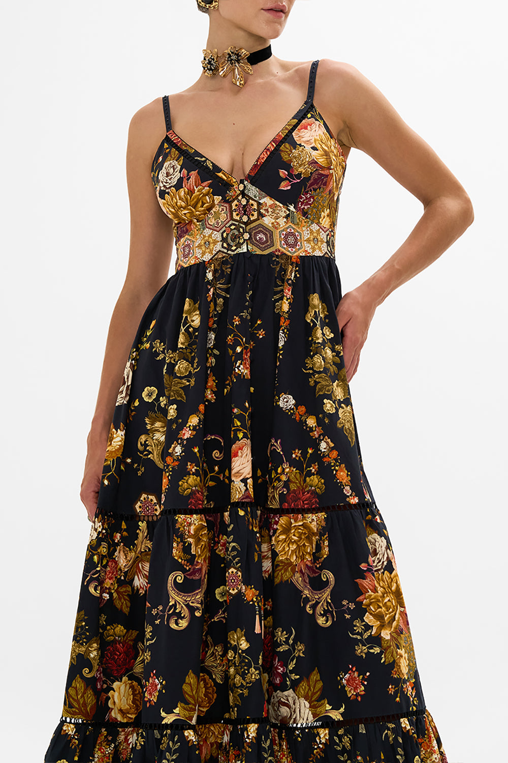 CAMILLA floral tiered bodice dress in Stitched in Time print.