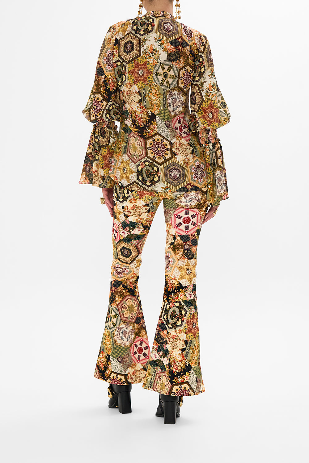 CAMILLA Floral Elastic Sleeve Tie Front Blouse in Stitched in Time print