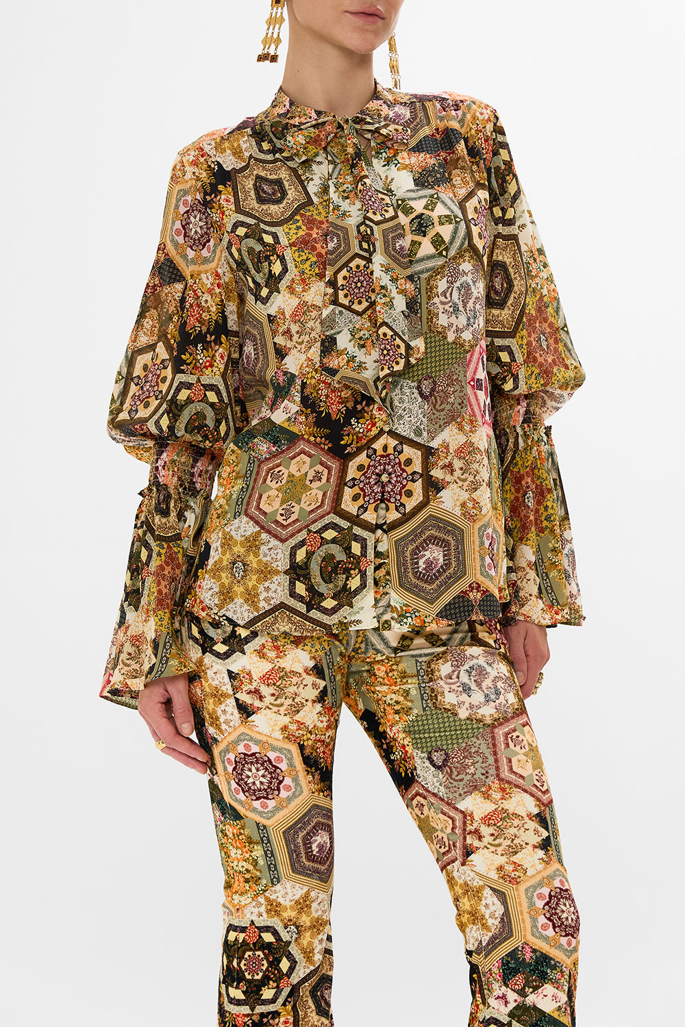 CAMILLA Floral Elastic Sleeve Tie Front Blouse in Stitched in Time print