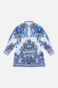 Front product view of MILLA by CAMILLA kids mini shirt dress in Glaze and Graze print 