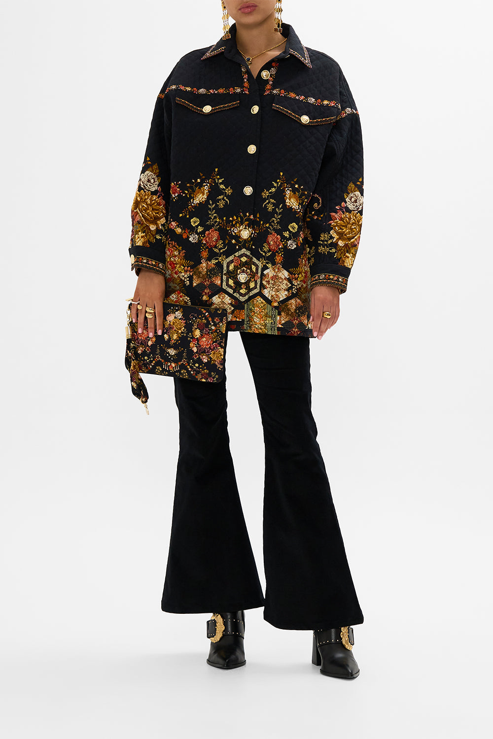 CAMILLA Floral Long Dress With Gathered Bell Sleeve in Stitched In Time print.