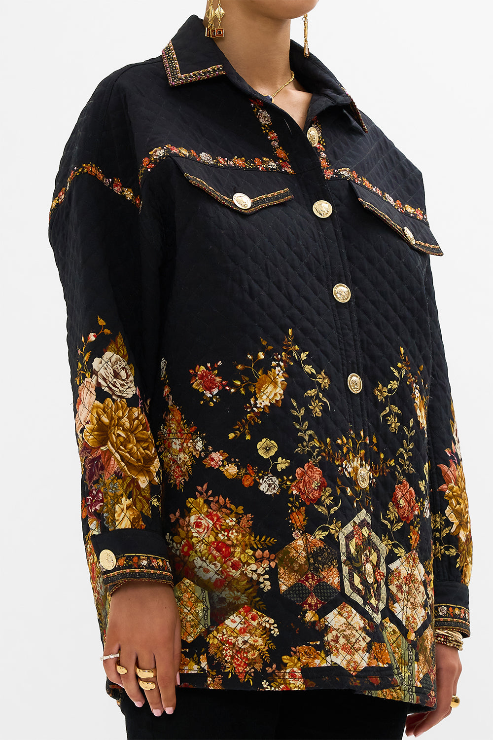 CAMILLA Floral Quilted Shacket in Stitched In Time print.