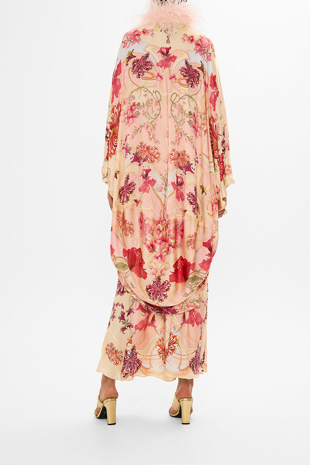CAMILLA Floral Draped Back Layer with Feather Collar in Blossoms and Brushstrokes