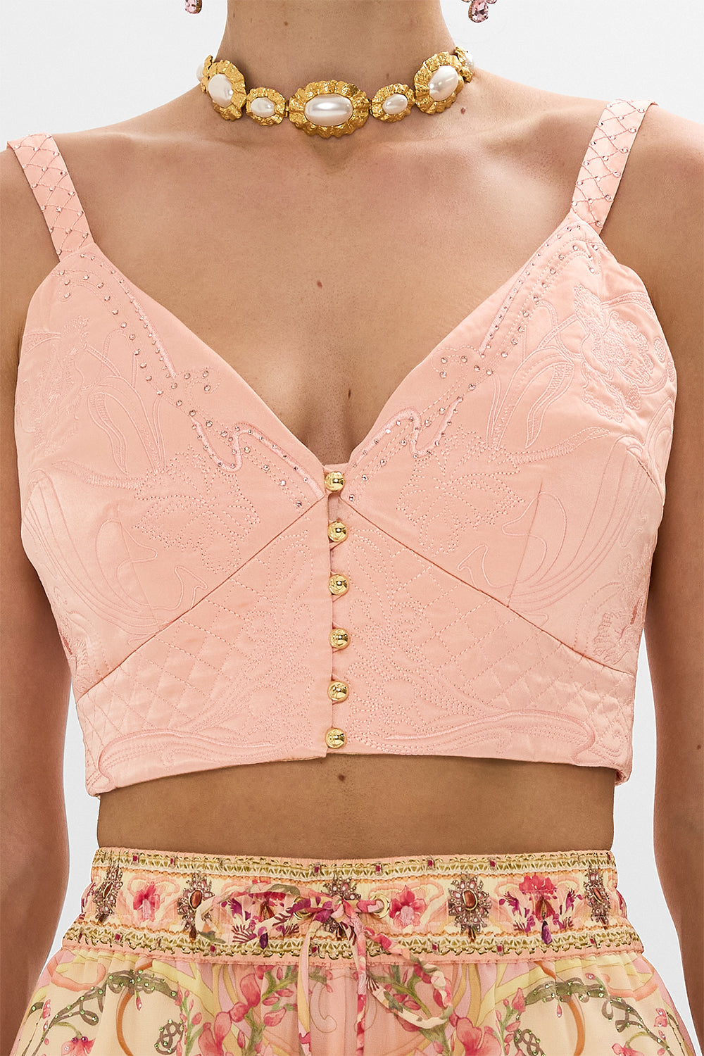 CAMILLA pink blush quilted bralette in Blossoms And Brushstrokes print.