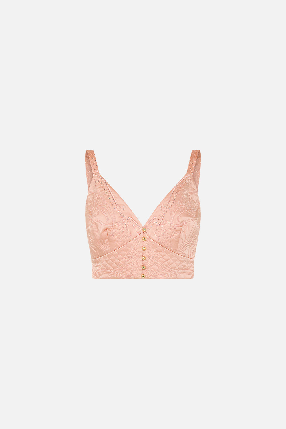 CAMILLA pink blush quilted bralette in Blossoms And Brushstrokes print.