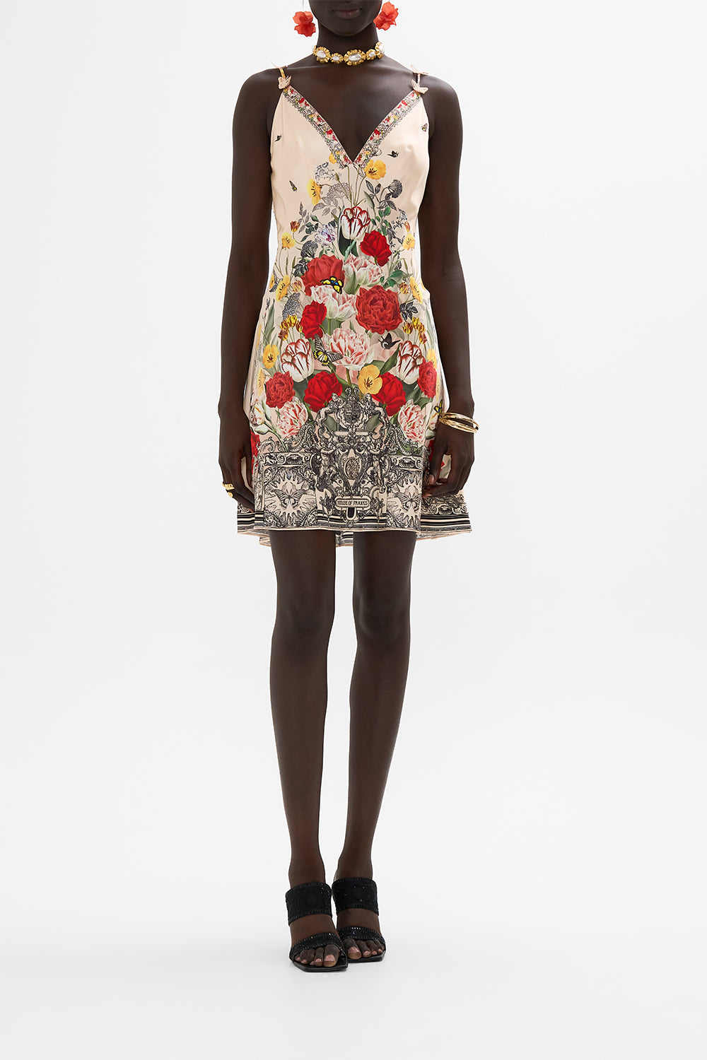 CAMILLA multi V-Neck Bias Slip Dress with Back Frill in Etched into Eternity