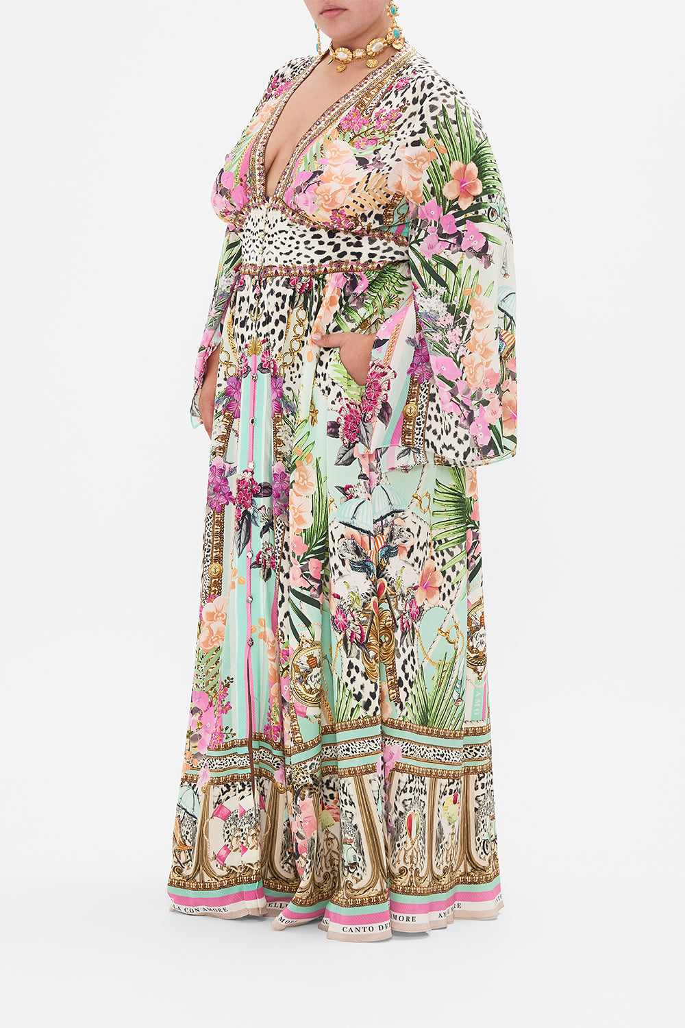 KIMONO SLEEVE DRESS WITH SHIRRING DETAIL TIGER PANTS