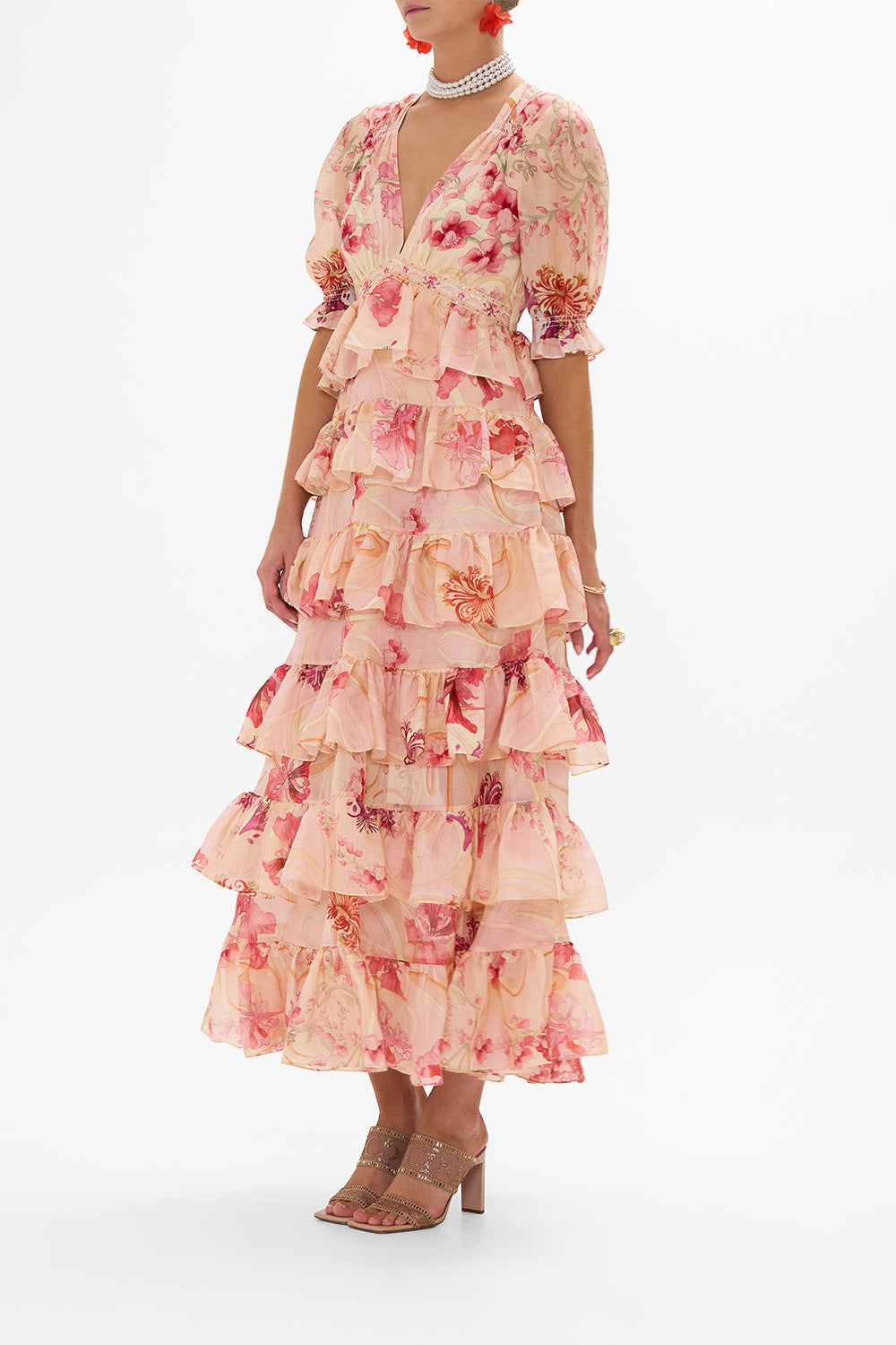 CAMILLA Floral Puff Sleeve Tiered Skirt Long Dress in Blossoms and Brushstrokes