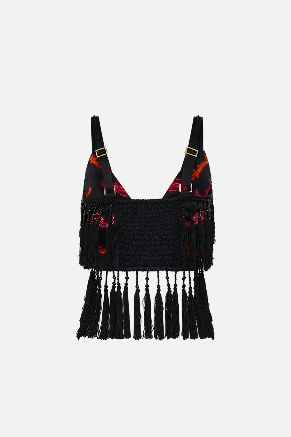 CAMILLA Black Seam Detail Bralette with Tassels in Electric Loveland