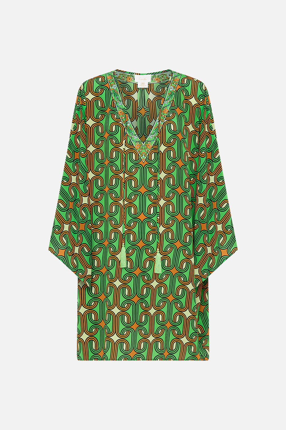 CAMILLA Green V-Neck Short Kaftan with Ties in Good Vibes Generation