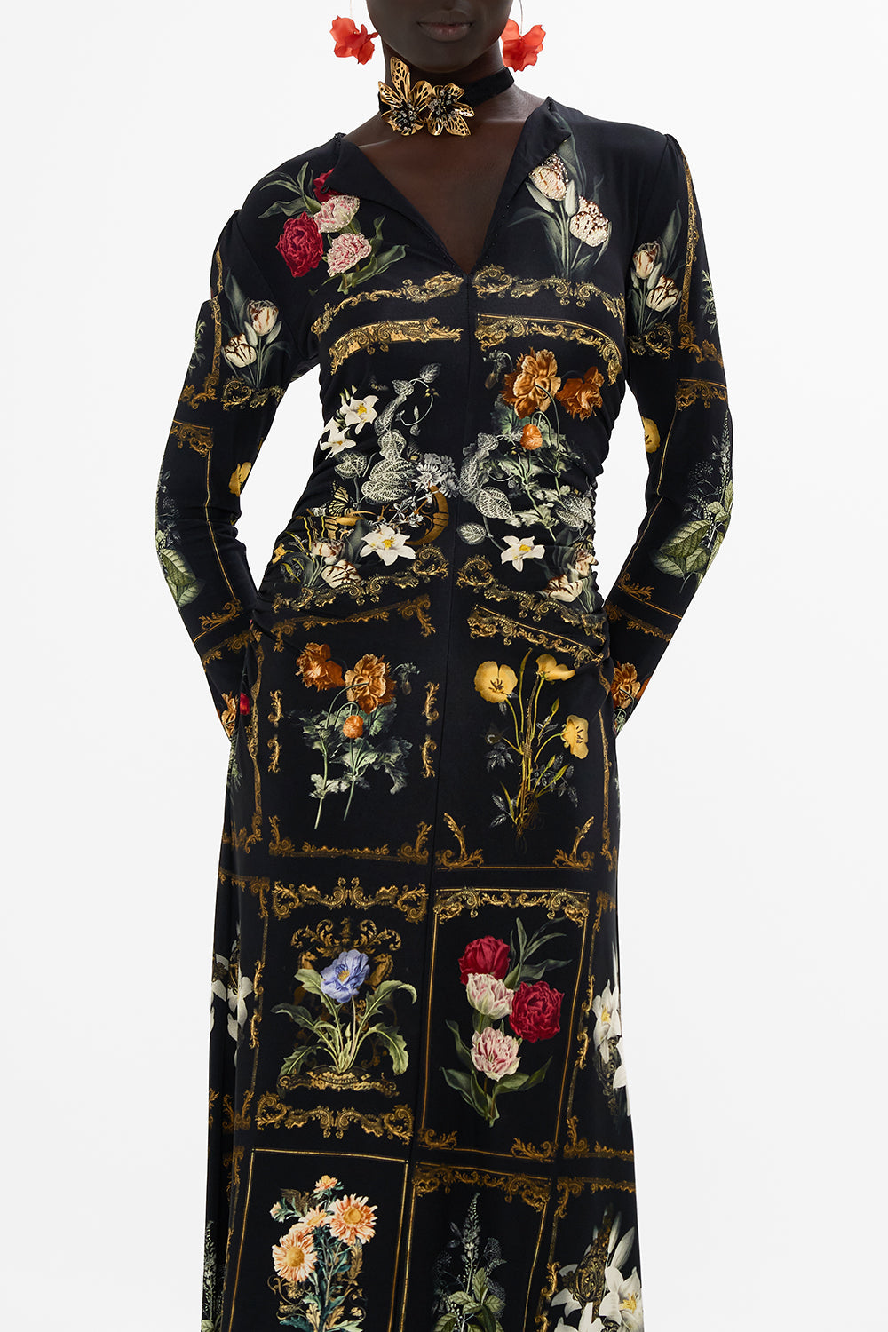 CAMILLA Black Gathered Jersey Long Dress in Magic in the Manuscripts
