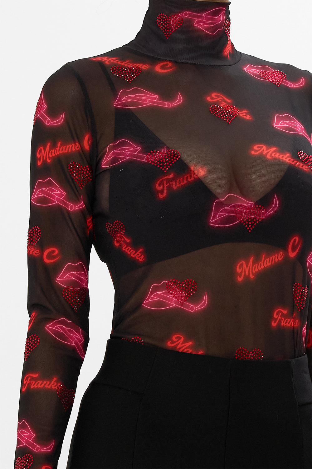 CAMILLA black mesh turtleneck in Electric Loveland print.