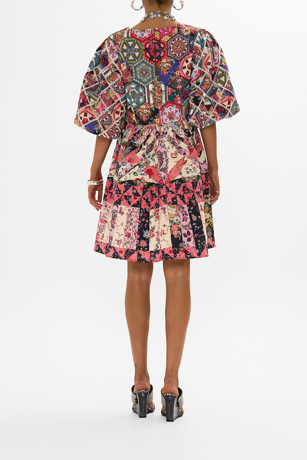 CAMILLA Patchwork Quilted Puff Sleeve Dress in Patchwork Poetry print