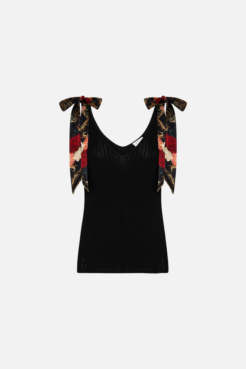 CAMILLA black top with silk bow details in Magic In The Manuscripts print