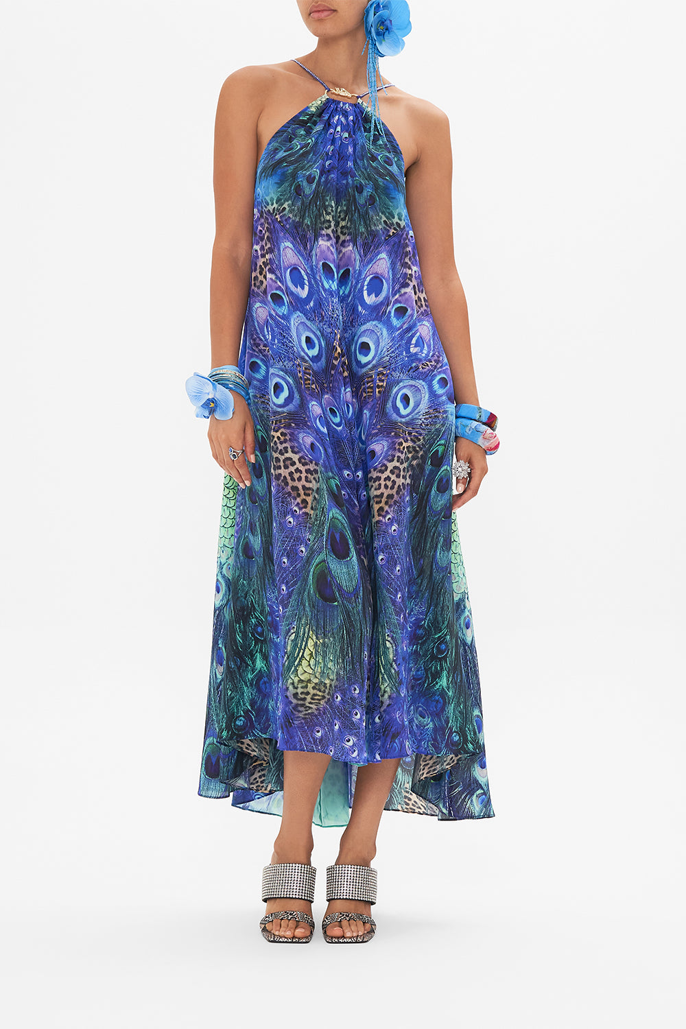 Front view of model wearing CAMILLA silk maxi dress in Peacock Rock print
