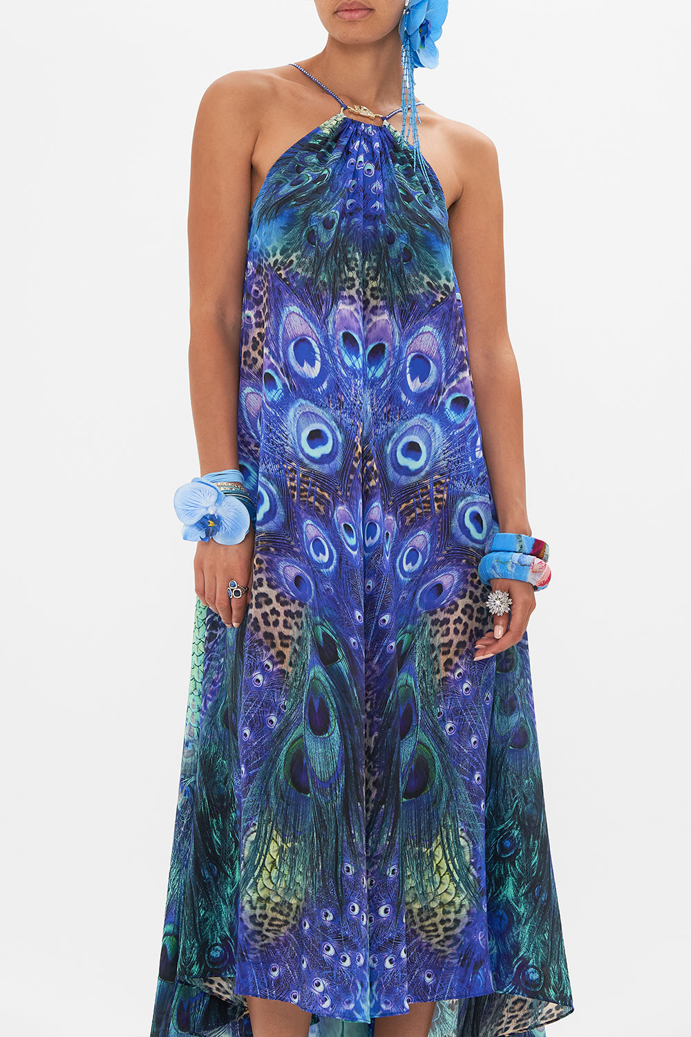 Crop view of model wearing CAMILLA silk maxi dress in Peacock Rock print