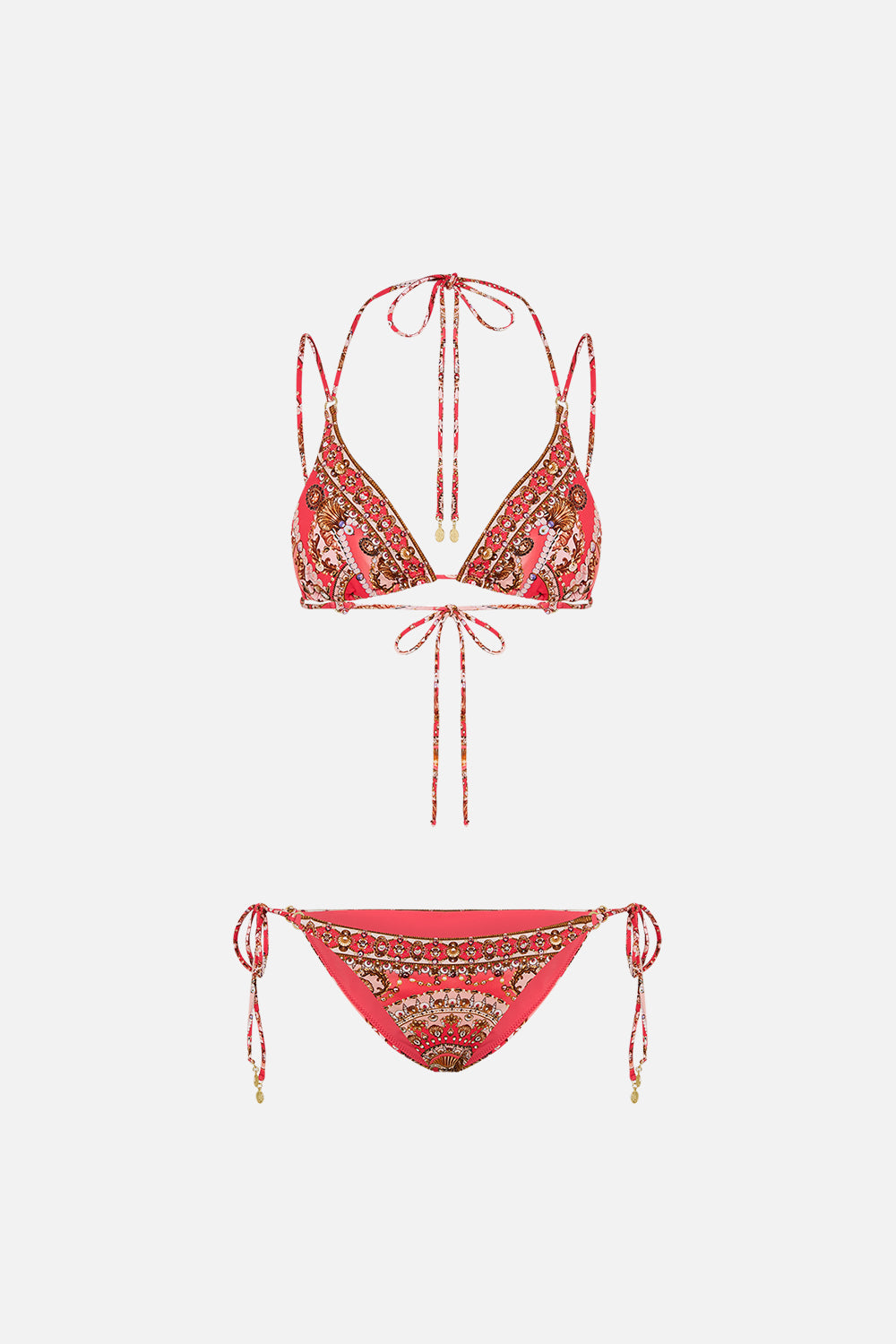 CAMILLA pink multi strap tri ring bikini in Shell Games