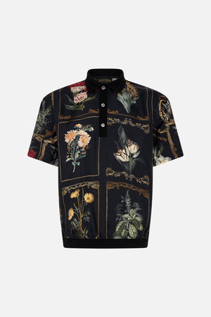 Hotel Franks by CAMILLA mens black polo shirt in Magic in The Manuscripts print 