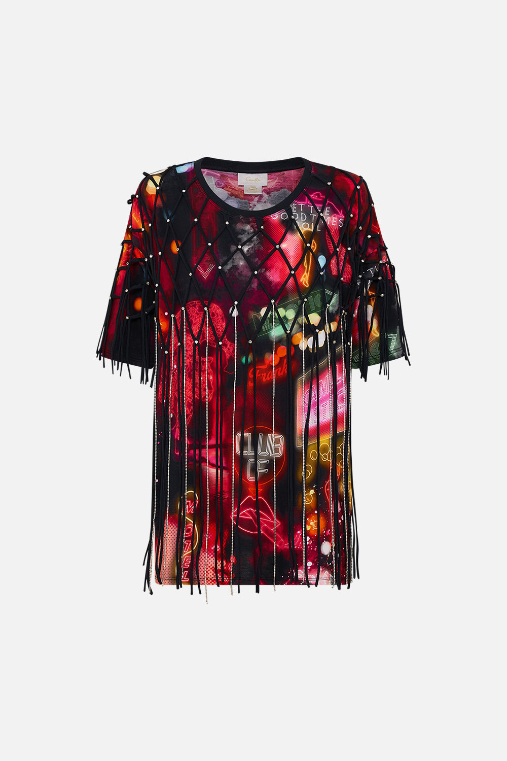 CAMILLA black oversized band tee with embellished overlay in Electric Loveland print.