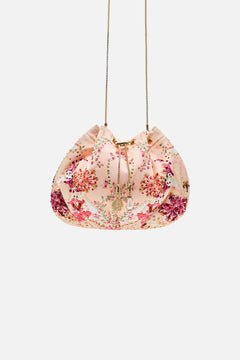 CAMILLA floral drawstring pouch with chain strap in Blossoms and Brushstrokes