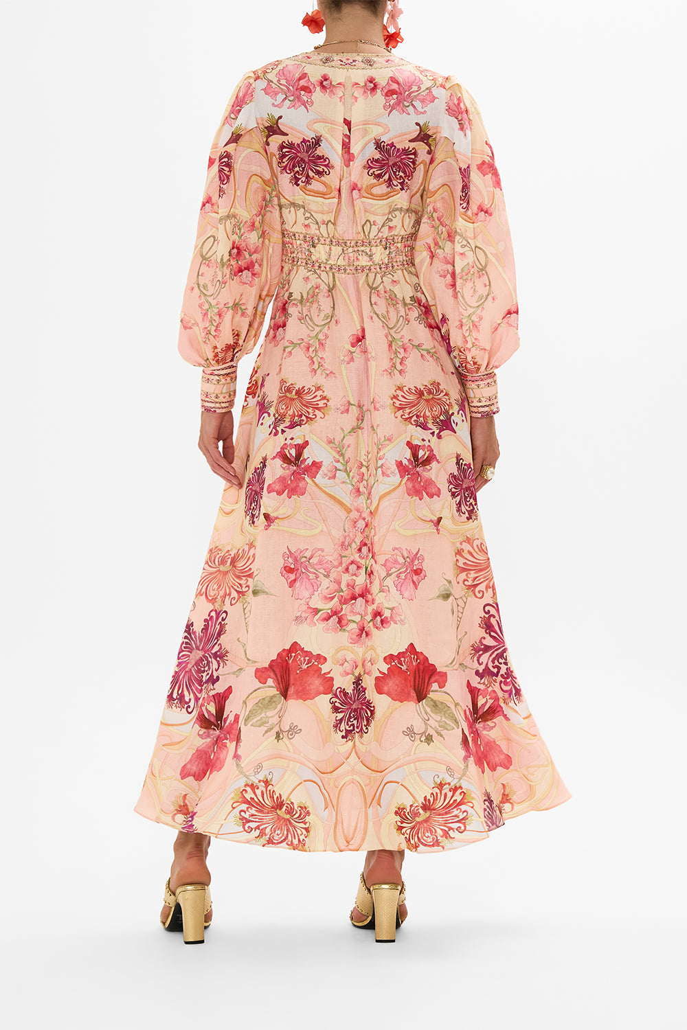 SHAPED WAISTBAND DRESS WITH GATHERED SLEEVES BLOSSOMS AND BRUSHSTROKES