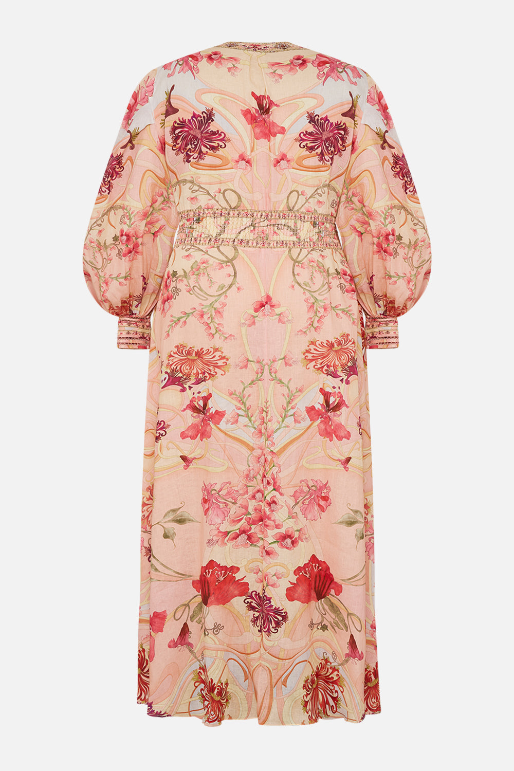 CAMILLA Floral Shaped Waistband Dress with Gathered Sleeves in Blossoms and Brushstrokes print