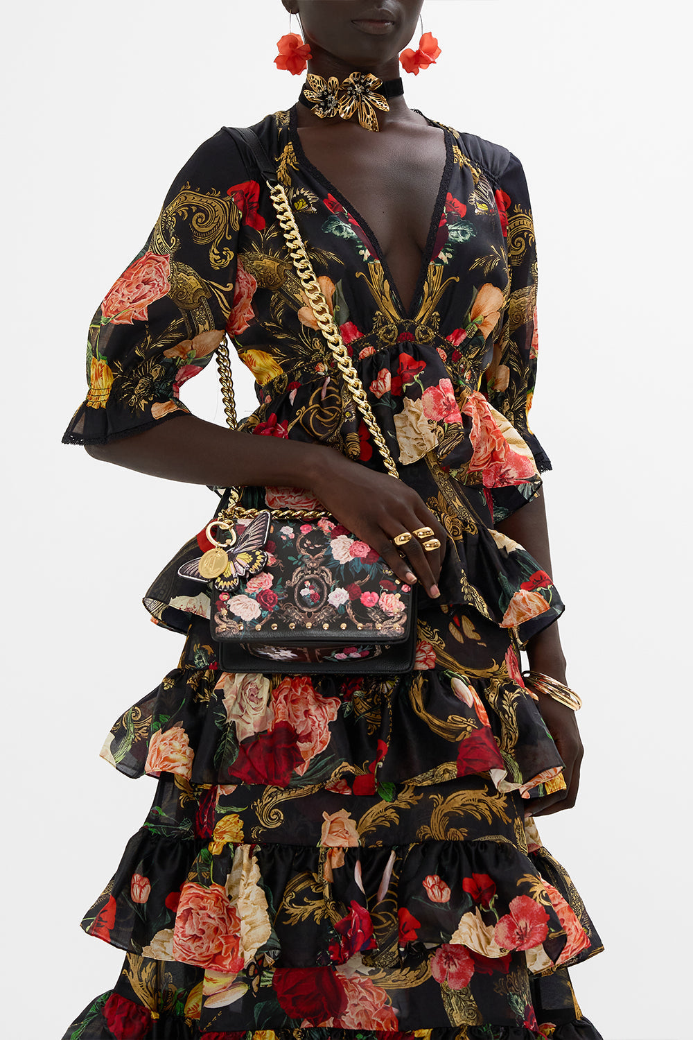 CAMILLA floral crossbody with fur strap in Magic in the Manuscripts