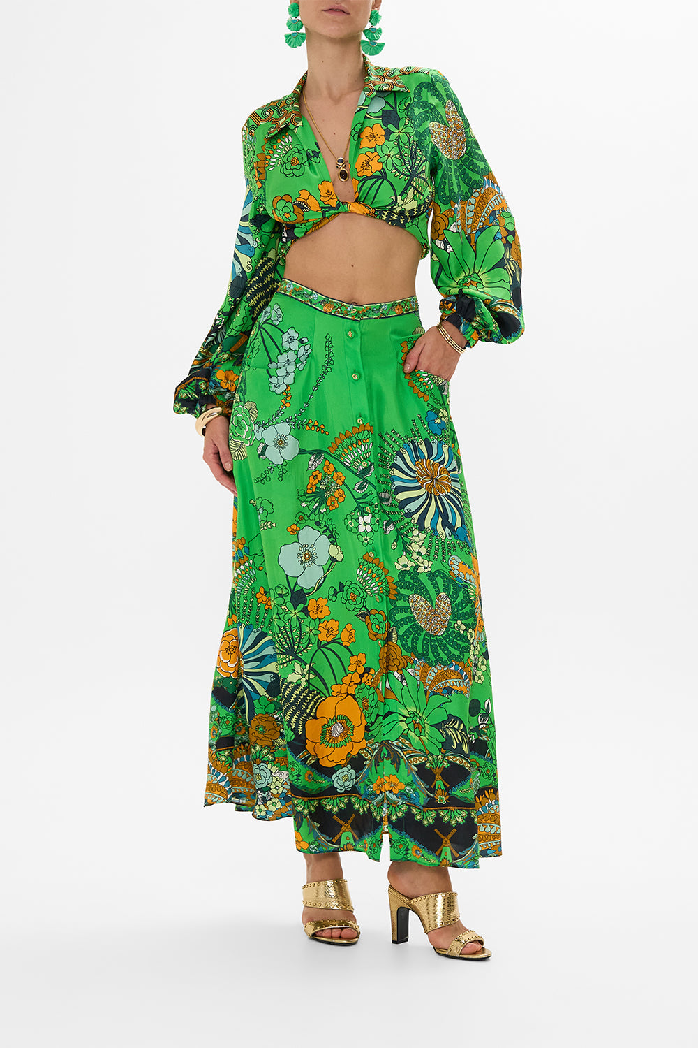 CAMILLA green button through skirt in Good Vibes Generation print.